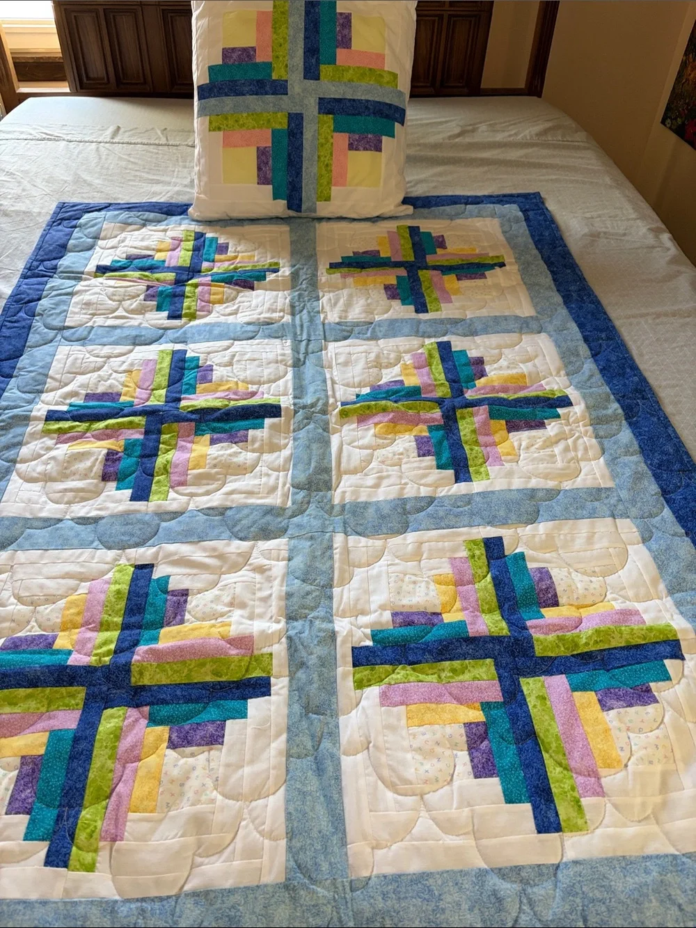 Vintage Handmade Patchwork Quilt with Blue, Green, Purple, Yellow Accents